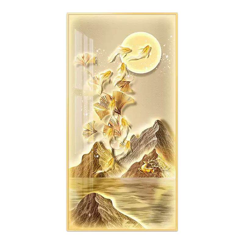 九鱼聚财LED灯画玄关装饰画入户走廊过道正对门挂画轻奢金山壁画
