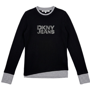DKNY唐可娜儿26秋季新款针织T恤衫女黑长袖假两件烫钻字母上衣