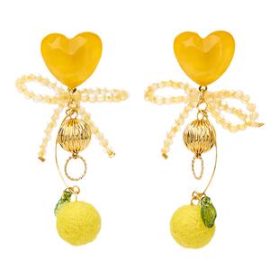 蒜了耳饰黄色蝴蝶结爱心耳环复古小众设计感耳钉仙气长款独特耳夹