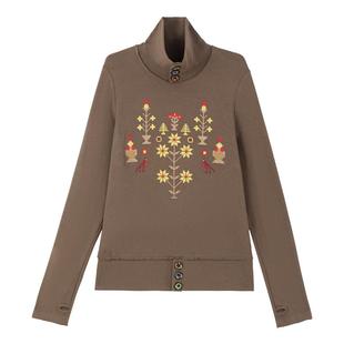 KEIKO高级感彩扣加绒高领打底衫早春文艺复古刺绣长袖t恤内搭上衣