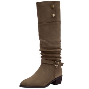 热风都市游牧风堆堆靴2025年冬季新款西部牛仔靴长筒靴两穿骑士靴