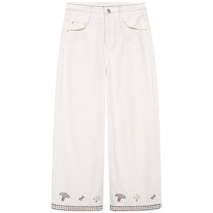 落落狷介 白色版型超好看的牛仔裤女2025年新款设计感刺绣直筒裤