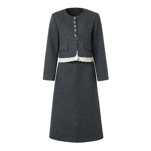 海青蓝 撞色套装女2025新款冬装高级时髦纯色女装半身裙两件套