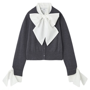 SNIDEL2025秋冬新品甜美百搭蝴蝶结领结拼接袖针织开衫SWNT254229