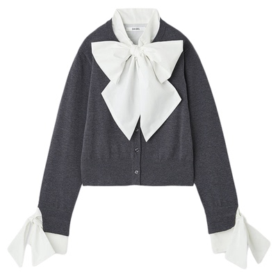 SNIDEL2025秋冬新品甜美百搭蝴蝶结领结拼接袖针织开衫SWNT254229