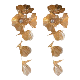 复古新中式金色流苏花朵耳环个性夸张高级感长款耳坠耳钉新娘耳饰