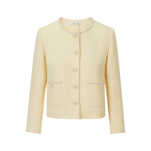 LIME莱茵法式复古小香风长袖套装短截上衣浅黄色A字半身裙