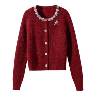 【珠光宝气】1OO%羊毛 小香风手缝水钻装饰蝴蝶结针织开衫毛衣女