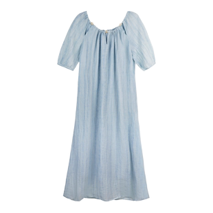 弥古蓝色扎染天丝薄纱连衣裙女夏季宽松长裙法式泡泡袖度假风裙子