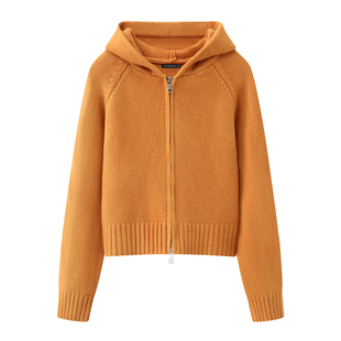 拉夏贝尔/La Chapelle连帽拉链针织开衫外套女秋冬季新款毛衣上衣