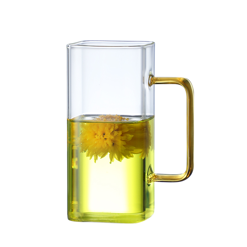 家用玻璃茶杯耐热绿茶花茶杯子玻璃杯透明方形带把果汁杯简约水杯