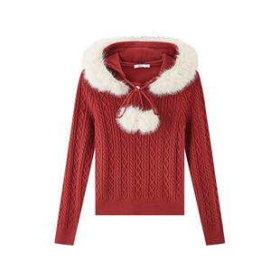 三福红色毛衣女2026新款春季麻花毛绒连帽新年战袍上衣女装521617