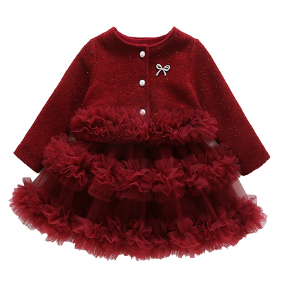 女童小香风加绒加厚蛋糕裙两件套