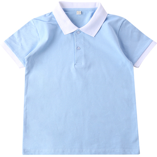 儿童夏装校服学院风浅蓝色polo衫短袖T恤班服中小学生透气纯棉衣