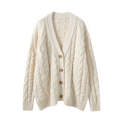 100%纯山羊绒衫女款V领麻花加厚宽松针织开衫2025秋冬季新款毛衣