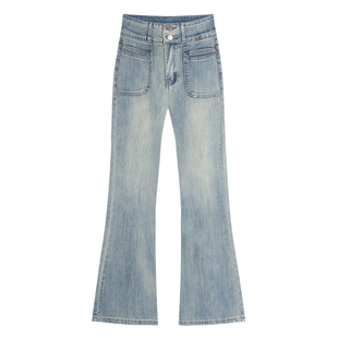 高腰浅蓝双扣微喇牛仔裤女秋冬加绒显瘦修身弹力复古提臀马蹄喇叭