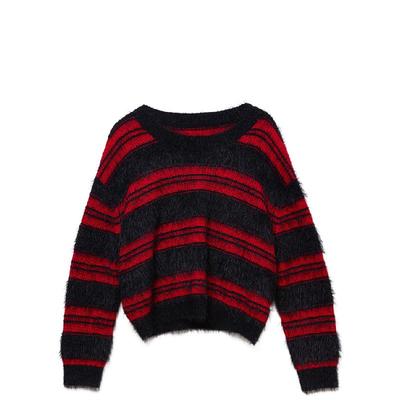 HEURUEH 杨紫同款圆领套头条纹短款红色毛衣2025新款冬季针织