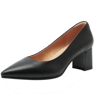 明星同款百田森真羊皮工作鞋黑色高跟鞋粗跟单鞋女款一脚蹬制服鞋