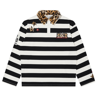 HACR海鸥领条纹polo可拆卸豹纹拼接刺绣长袖CORTIS风潮牌T恤男女