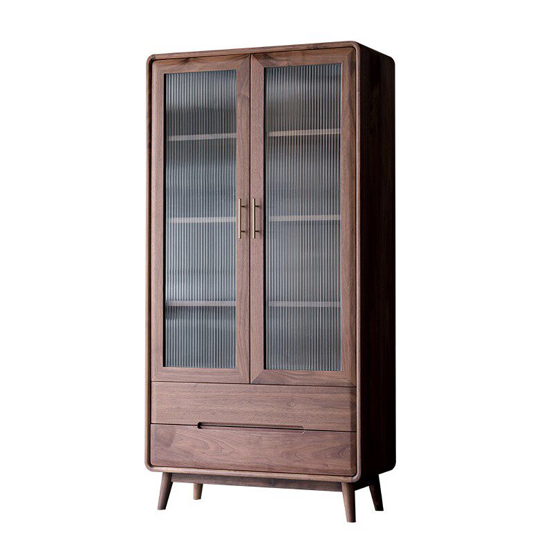 黑胡桃实木书柜客厅储物柜多功能双门防尘玻璃柜北欧书橱原木书架