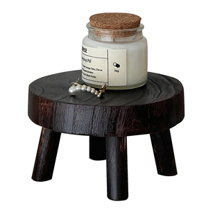 复古木质圆形高脚托盘摆件香水香薰桌面整理置物架首饰展示收纳盘