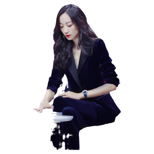 韩国春秋金丝绒西装套装女休闲时尚气质职业OL黑色西服长裤两件套