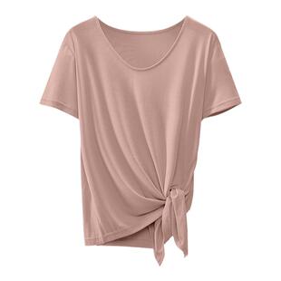 夏季新款韩版宽松休闲圆领莫代尔短袖体恤短款高腰打结上衣女开叉