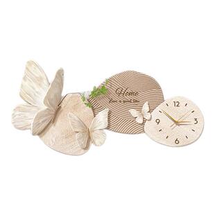 奶油风餐厅装饰画挂钟石来运转饭厅餐桌墙面挂画蝴蝶壁画带钟表