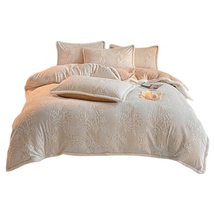 无印良品牛奶绒床上四件套2025新款保暖雕花绒被套床单三件套冬季