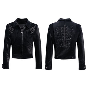 ArguE CulturE蛇脊骨铆钉刺绣皮衣外套女春季PU皮酷飒风黑色上衣