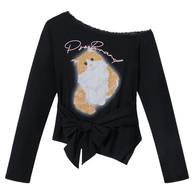 PSO Brand 女装可爱手绘小猫系带斜肩上衣修身长袖T恤设计感秋季