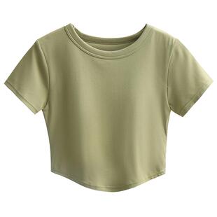 白色短袖t恤女夏季带胸垫运动文胸一体圆领短款正肩打底体恤上衣