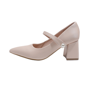 真皮~骄屿法式裸粉色尖头玛丽珍单鞋复古一字带气质配裙子高跟鞋