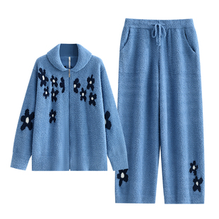 悦内半边绒睡衣女款冬季冬天珊瑚绒软绵绵保暖家居服时尚休闲开衫