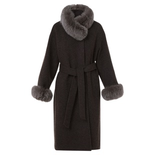 朗姿狐狸毛领拼接轻奢束腰气质长款大衣高级感外套2025年冬季新款