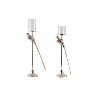 进口铝制银色小鸟造型雕塑玻璃烛台摆件样板间商用居家桌面装饰品