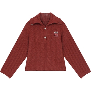 妖精的口袋复古绞花红色高领厚毛衣女2025年冬季新款樱桃新年穿搭