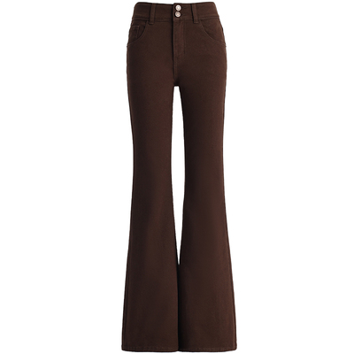 咖色加绒加厚微喇牛仔裤女秋冬季