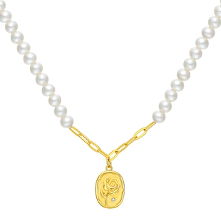 潮宏基香颂黄18K金项链珍珠钻石彩金套链女玫瑰花牌生日生日