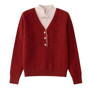 罗蒙妈妈红色本命年中式毛衣针织衫加绒加厚中老年女装上衣打底衫