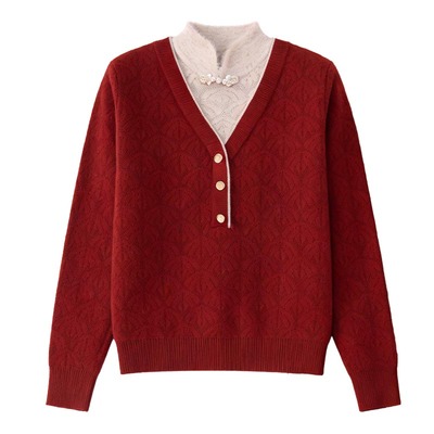 罗蒙妈妈加绒加厚本命年红色毛衣