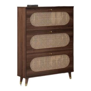 藤编超薄鞋柜家用门口中古风收纳储物柜入户一体靠墙实木翻斗鞋架