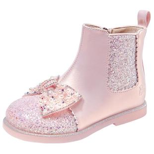 芭比童鞋女童靴子2025新款冬季棉靴加绒公主靴女童水晶靴儿童短靴