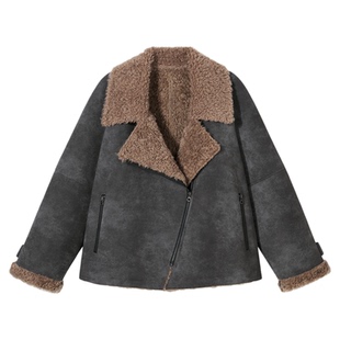 PSO Brand男装女装复古PU皮毛绒大翻领上衣保暖斜拉外套女款冬季