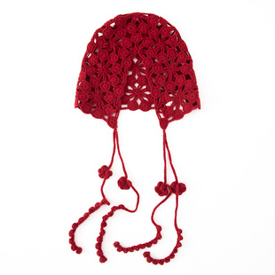 秋冬100%纯山羊绒帽子手工钩花镂空包头帽女士民族风流苏护耳绑带