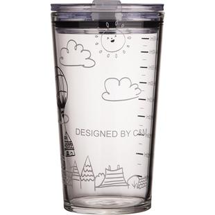 耐高温冰美式玻璃吸管杯成人透明带刻度水杯减肥500ml女生夏天