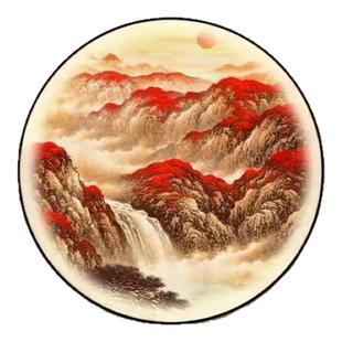 鸿运当头玄关装饰画带灯新中式圆形茶室背景墙灯画办公室山水挂画