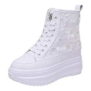 夏季网靴女内增高厚底松糕跟网面透气搭配短裙子的高腰鞋子高帮鞋