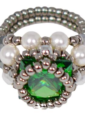 施家珍珠祖母绿戒指手工编织原创