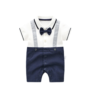 夏装男宝宝绅士哈衣0-1岁百天满月礼服周岁婴儿连体衣服爬服外出